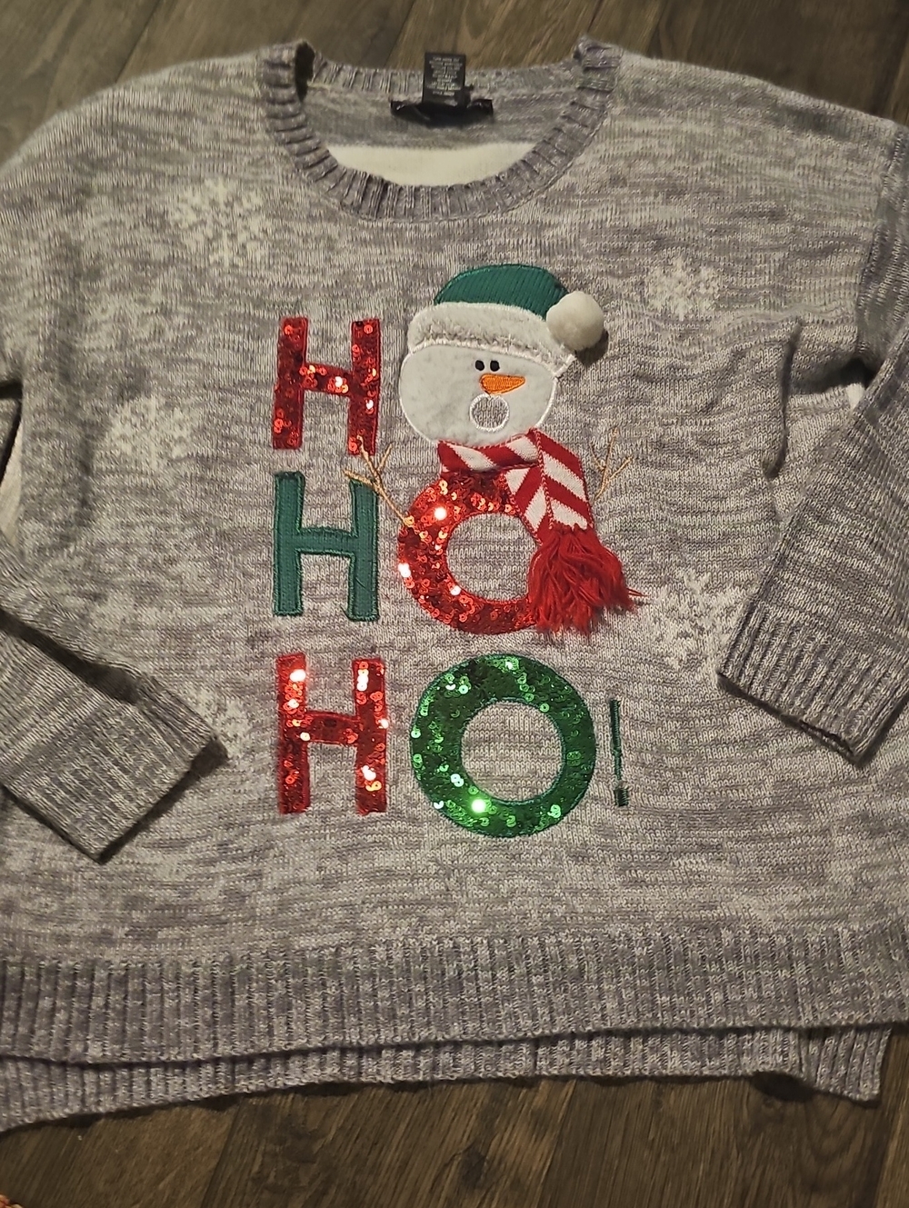 Ugly Sweater Holiday Snowman Sequin 'HOHOHO' Snowflakes Christmas Embroidered